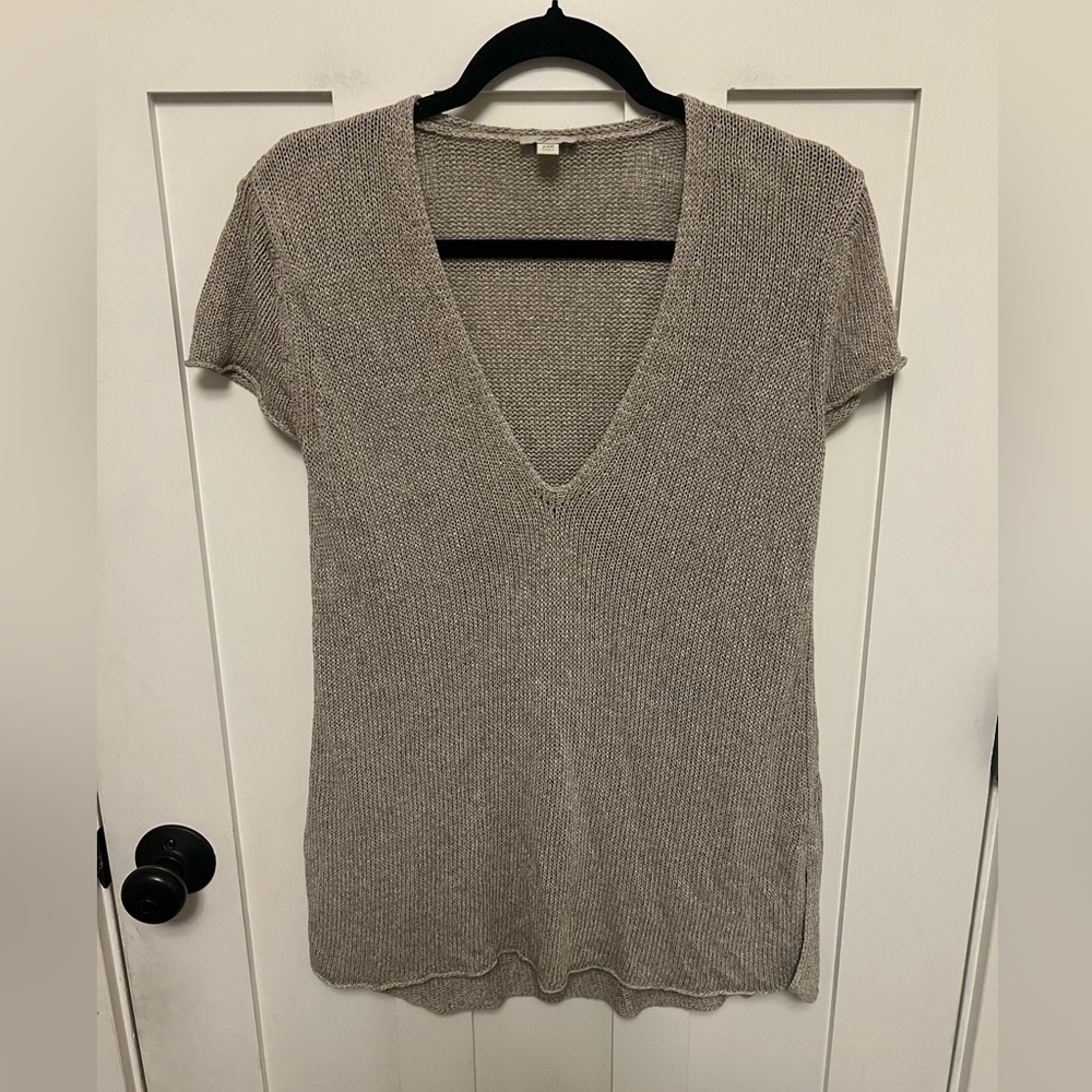 J.Jill XS Petite Short Sleeve Open Weave Sweater Top Neutral Linen Blend Tan